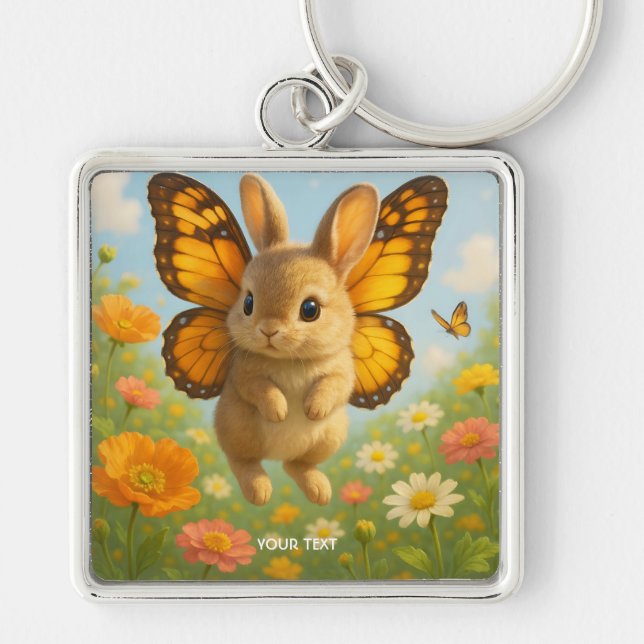 Fantasy Cute Bunny Flowers Wings Key Ring (Front)
