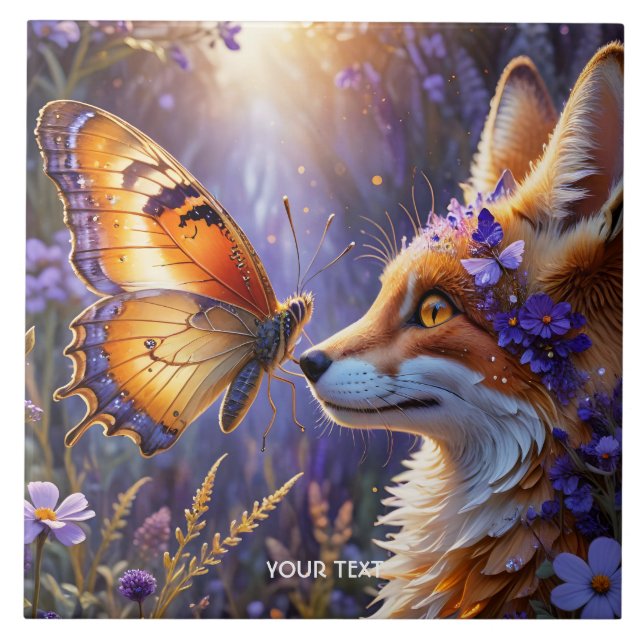Fantasy Cute Butterfly Fox Flowers Ceramic Tile (Front)