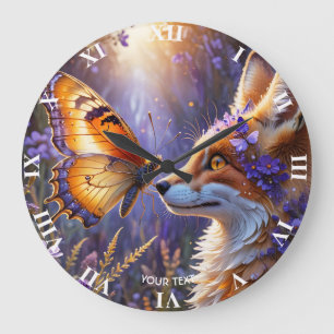 Fantasy Cute Butterfly Fox Flowers Large Clock