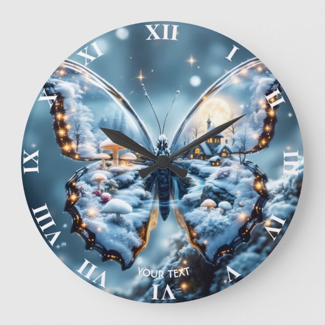 Fantasy Cute Butterfly Mushrooms Winter Large Clock (Front)