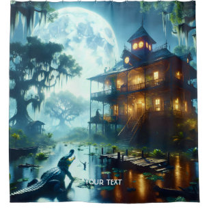 Fantasy Cute Cabin Lake Crocodile Shower Curtain