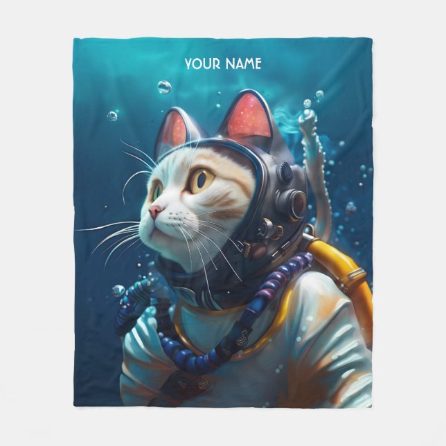 Fantasy Cute Cat Diver Diving Fleece Blanket (Front)
