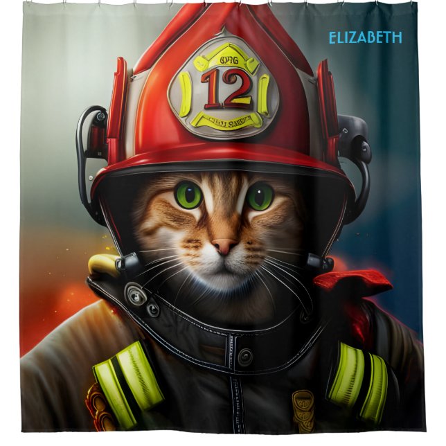 Fantasy Cute Cat Firefighter Suit. Shower Curtain (Front)