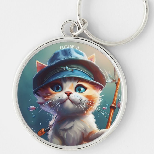 Fantasy Cute Cat Fishing Rod Key Ring (Front)