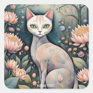 Fantasy Cute Cat Flowers Forest Square Sticker
