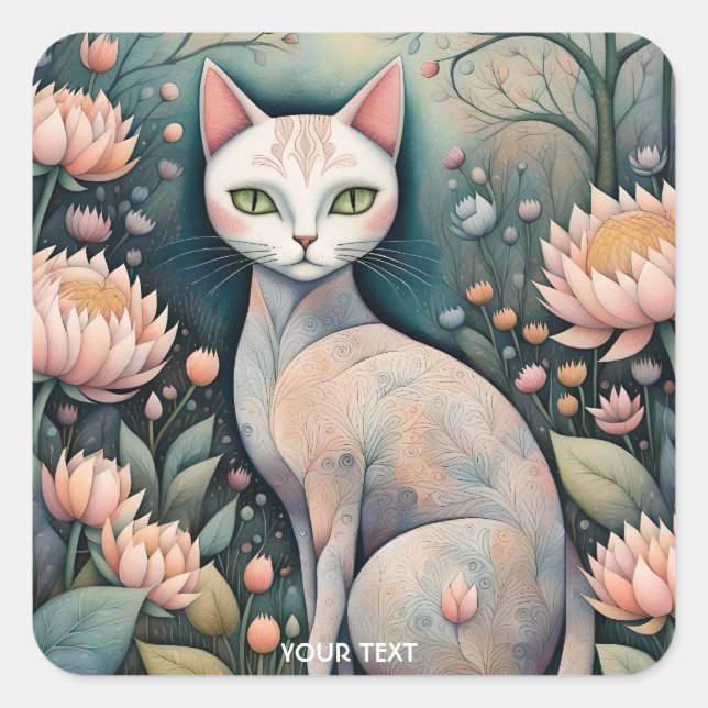 Fantasy Cute Cat Flowers Forest Square Sticker (Front)