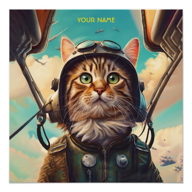 Fantasy Cute Cat Flying Aeroplane Poster (Front)