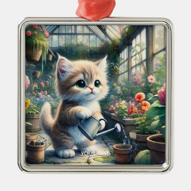 Fantasy Cute Cat Garden Flowers Metal Ornament (Front)