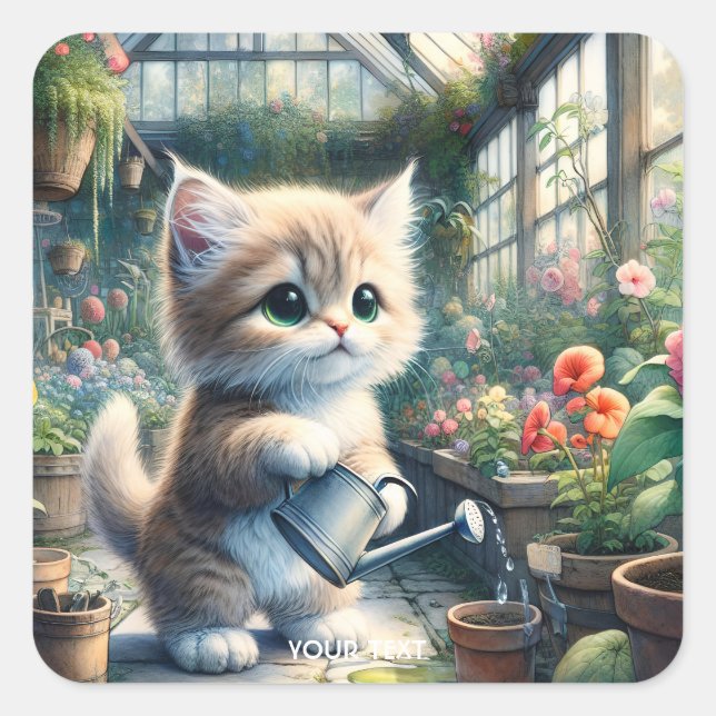 Fantasy Cute Cat Garden Flowers Square Sticker (Front)