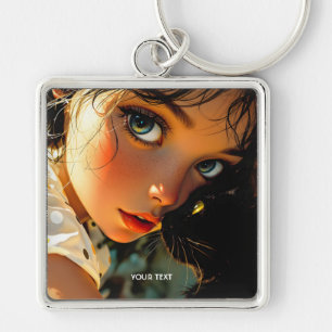 Fantasy Cute Cat Girl Freckles Key Ring