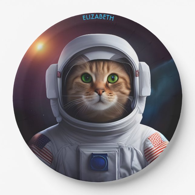 Fantasy Cute Cat In Astronaut Spacesuit Paper Plate (Front)