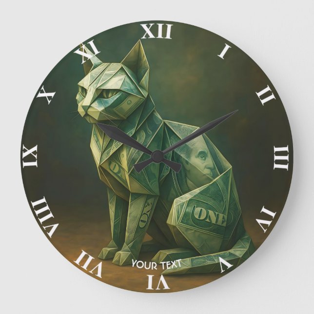 Fantasy Cute Cat Money Origami Large Clock (Front)