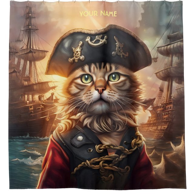 Fantasy Cute Cat Pirate Hat Shower Curtain (Front)