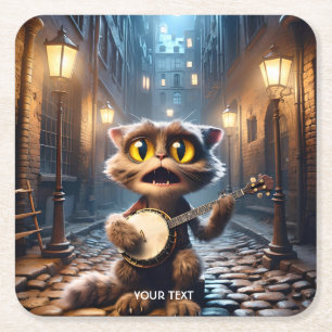 Fantasy Cute Cat Playing Banjo Square Paper Coaster