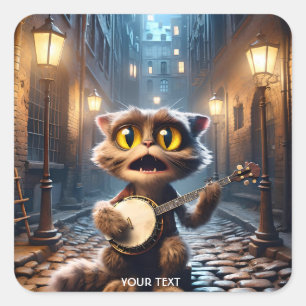 Fantasy Cute Cat Playing Banjo Square Sticker