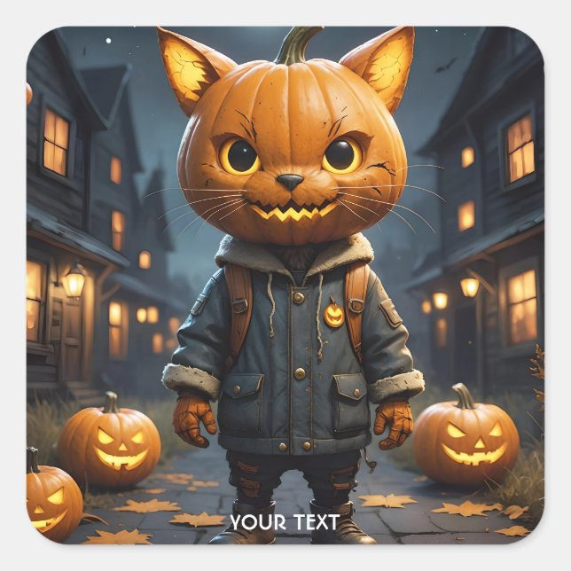 Fantasy Cute Cat Pumpkin Halloween Square Sticker (Front)