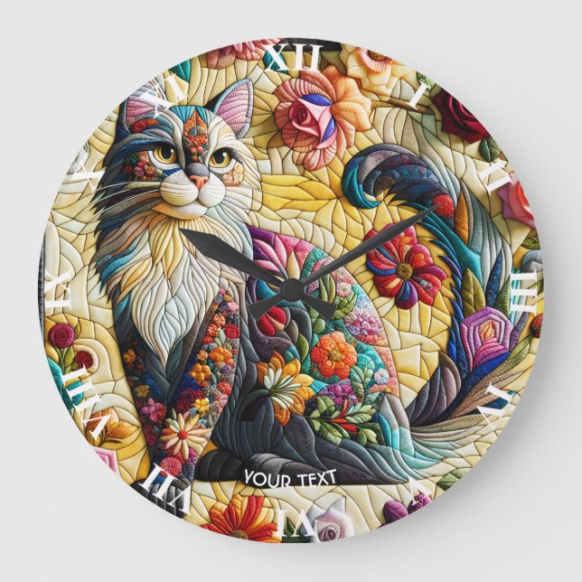 Fantasy Cute Cat Stained Glass Large Clock (Front)