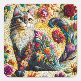 Fantasy Cute Cat Stained Glass Square Sticker