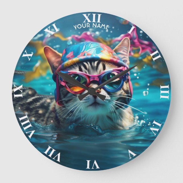 Fantasy Cute Cat Swimming Pool Large Clock (Front)