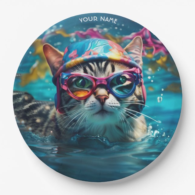 Fantasy Cute Cat Swimming Pool Paper Plate (Front)