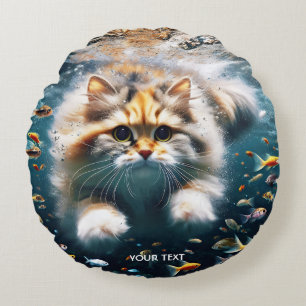 Fantasy Cute Cat Swimming Underwater Round Cushion