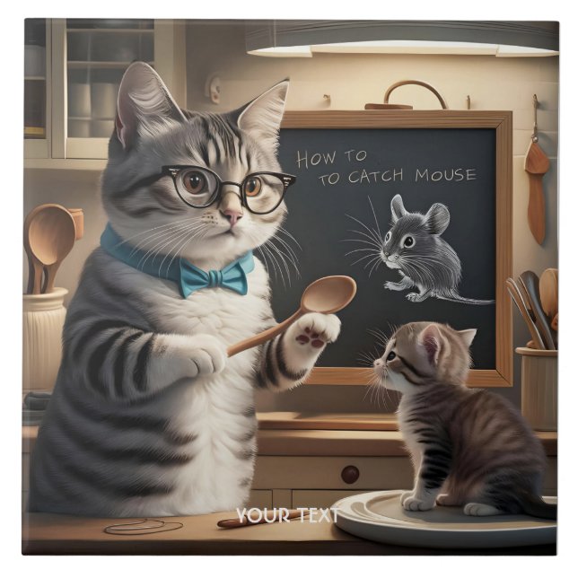 Fantasy Cute Cat Teaching Kitten Ceramic Tile (Front)