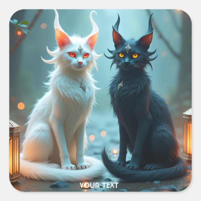 Fantasy Cute Cats Black White Square Sticker (Front)