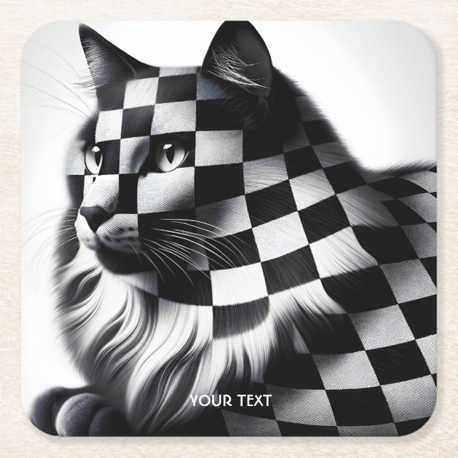 Fantasy Cute Chequered Lovely Cat Square Paper Coaster (Front)