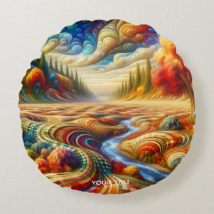 Fantasy Cute Chequered Surreal Landscape Round Cushion