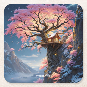 Fantasy Cute Cherry Blossom Tree Square Paper Coaster