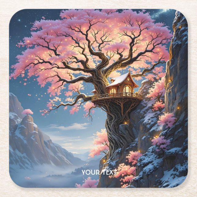 Fantasy Cute Cherry Blossom Tree  Square Paper Coaster (Front)