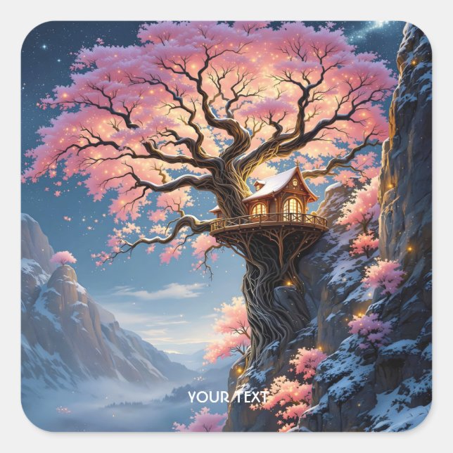 Fantasy Cute Cherry Blossom Tree  Square Sticker (Front)