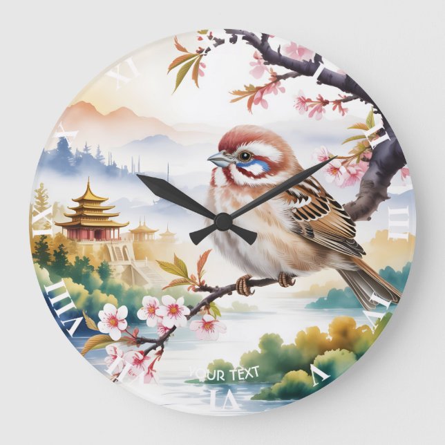 Fantasy Cute Chinese Bird Blossom Large Clock (Front)