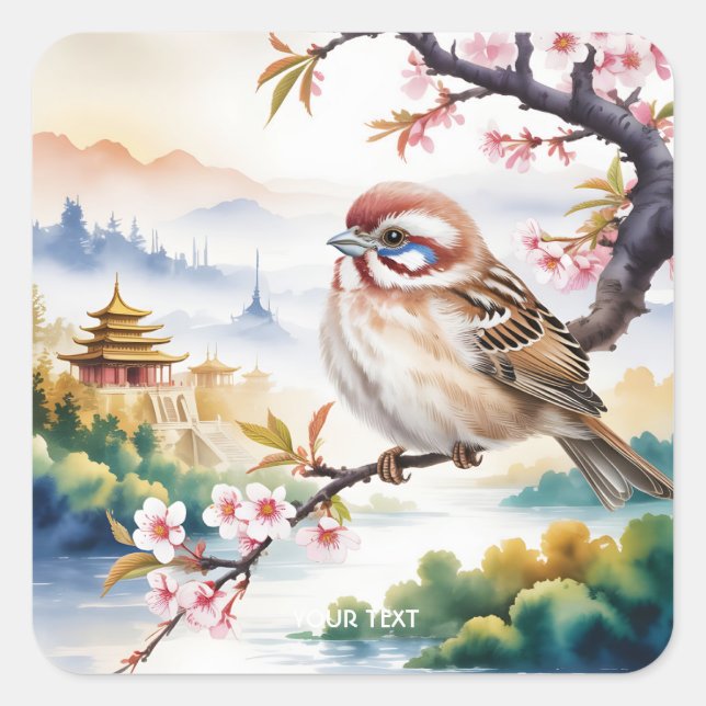 Fantasy Cute Chinese Bird Blossom Square Sticker (Front)