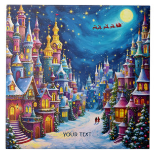 Fantasy Cute Christmas Eve Town Ceramic Tile