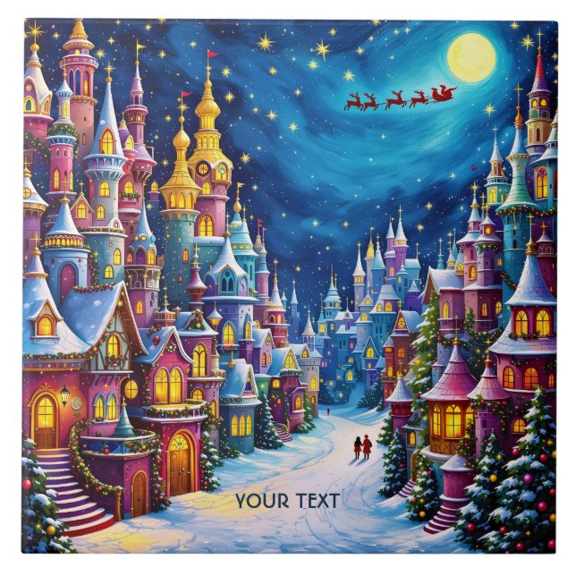 Fantasy Cute Christmas Eve Town  Ceramic Tile (Front)