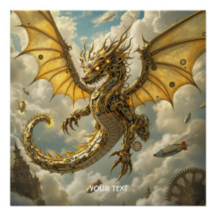 Fantasy Cute Clockwork Dragon Skies Poster
