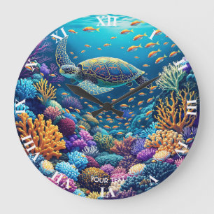 Fantasy Cute Coral Reef Turtle Large Clock