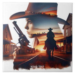 Fantasy Cute Cowgirl Cowboy Town Ceramic Tile