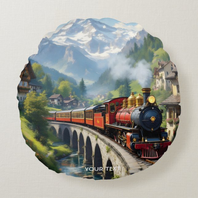Fantasy Cute Crimson Antique Train Round Cushion (Front)