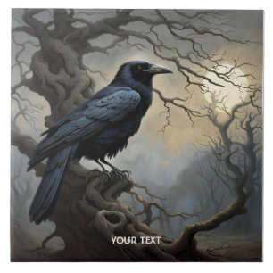 Fantasy Cute Crow Tree Darkness Ceramic Tile