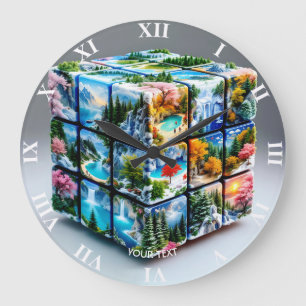 Fantasy Cute Cube Many Landscapes Large Clock