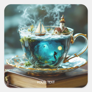 Fantasy Cute Cup Ocean Boat Square Sticker