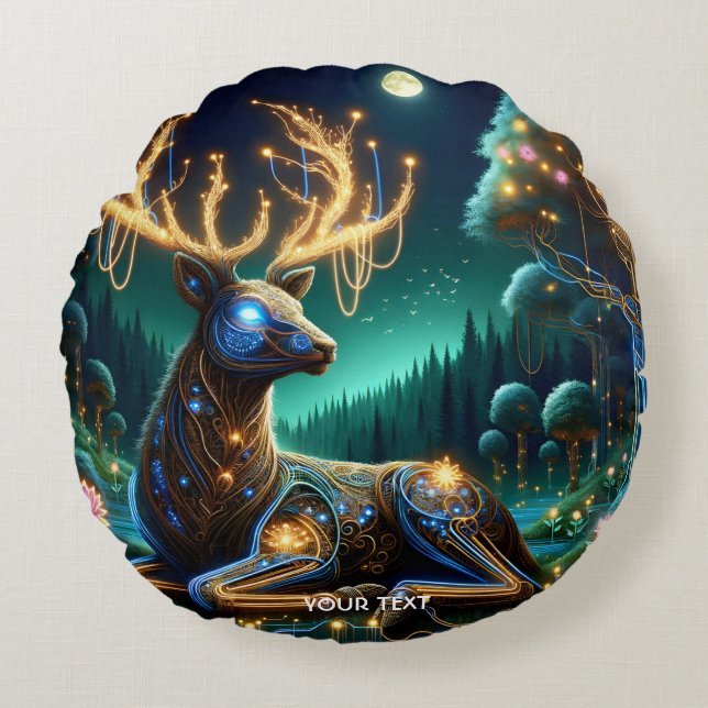 Fantasy Cute Cyber Stag Forest Round Cushion (Front)