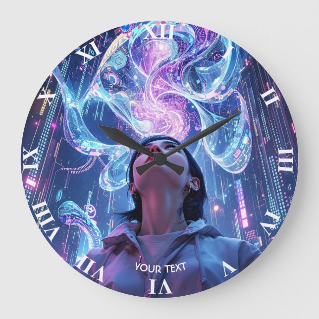 Fantasy Cute Cyber Town Girl Large Clock (Front)