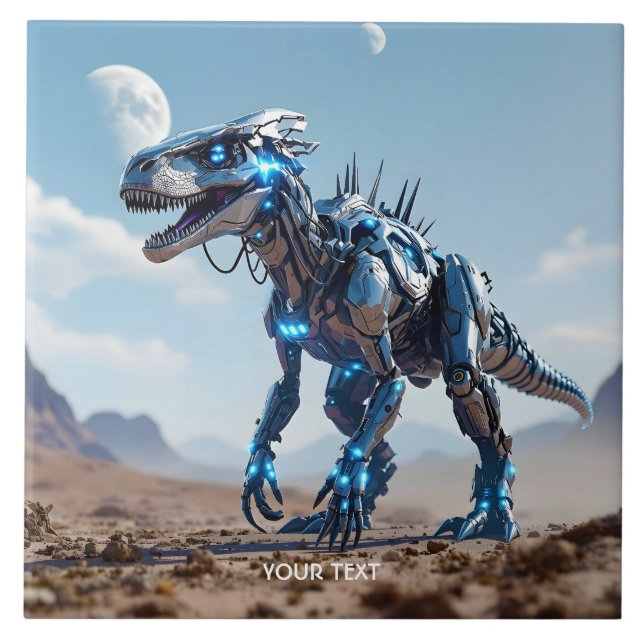 Fantasy Cute Cyborg Dinosaur Desert Ceramic Tile (Front)