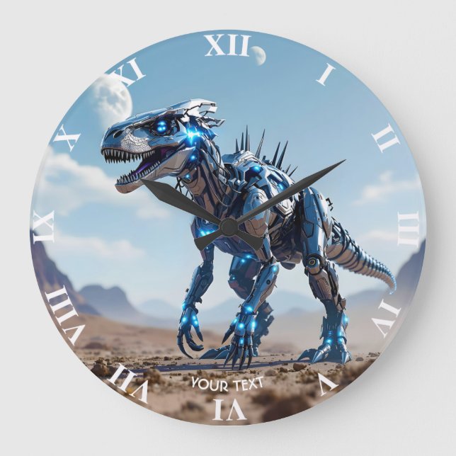 Fantasy Cute Cyborg Dinosaur Desert Large Clock (Front)
