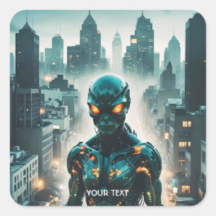 Fantasy Cute Cyborg Evening City Square Sticker