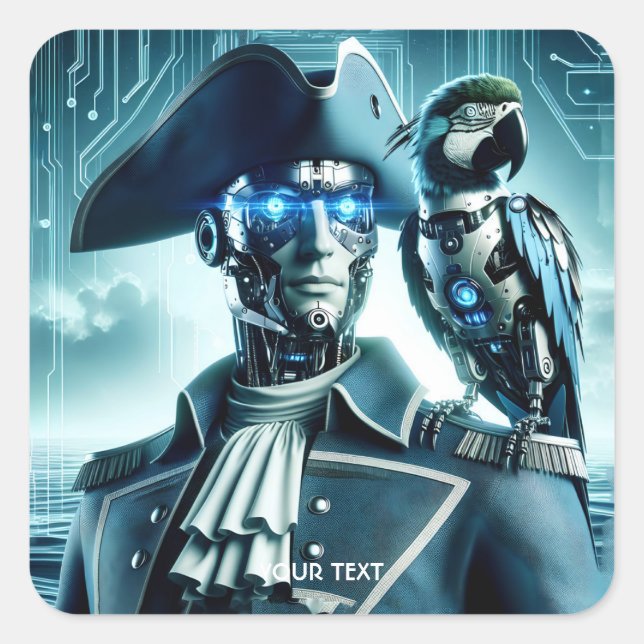 Fantasy Cute Cyborg Parrot Pirate  Square Sticker (Front)