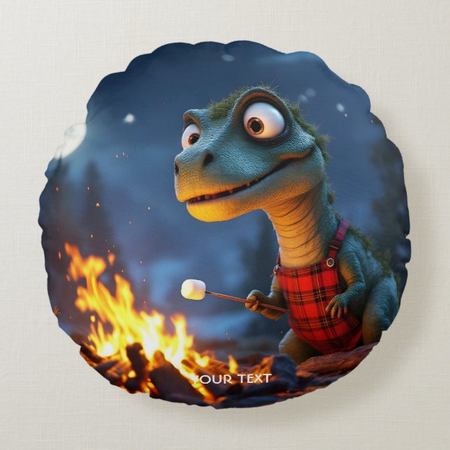 Fantasy Cute Dino Campfire Moon Round Cushion (Front)